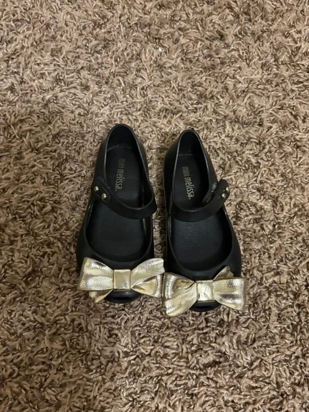 Mini Melissa Black Mary Janes Toddler Size 7 Gold Bows Ankle Strap Party Holiday